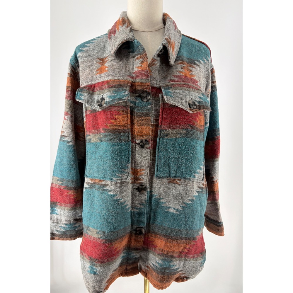 Dictionary Womens Southwestern Aztec Print Shacket Teal Rust Red S/M